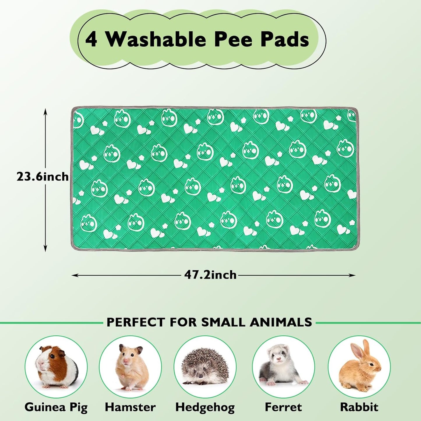 4 Pack Guinea Pig Bedding - Washable Guinea Pig Liners for Midwest Cage, Waterproof Reusable Pee Pads Super Absorbent Mats for Small Animals Pet Rabbit Bunny Hamster Rat (Green, 48 x 24 Inch)