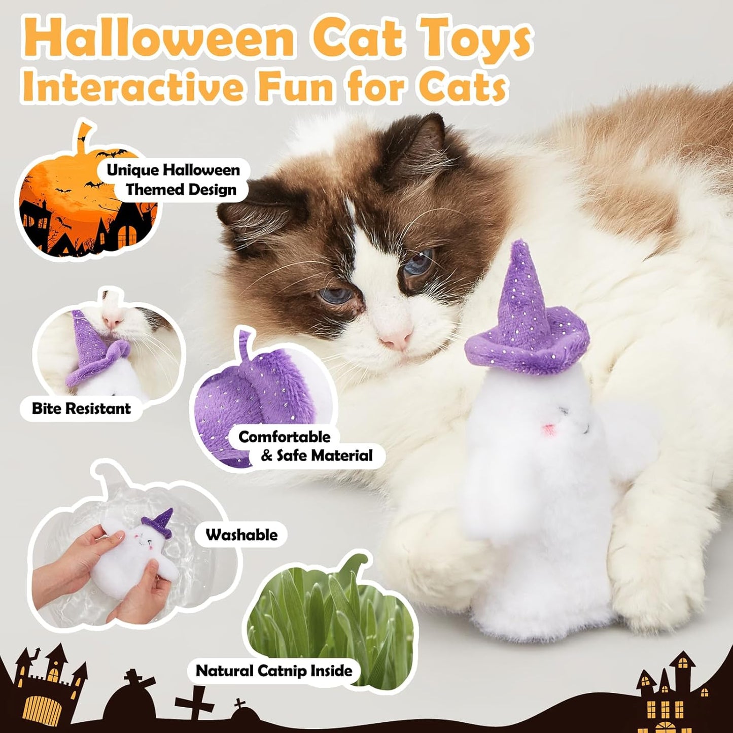 Halloween Catnip Toys, Flapping Ghost Catnip Toy, Interactive Kitten Exercise Toys for All Cat Breeds Play Alone, Never Boredom