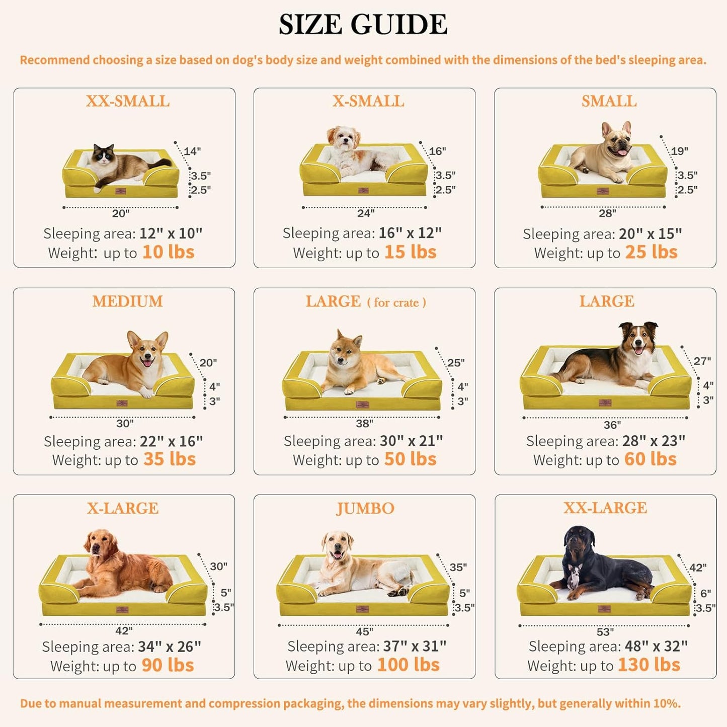Comfort Expression Large Dog Beds Waterproof Orthopedic Foam Dog Sofa Beds Comfy Pet Bed with Washable Removable Cover & Non-Slip Bottom(Large,Spicy Mustard)