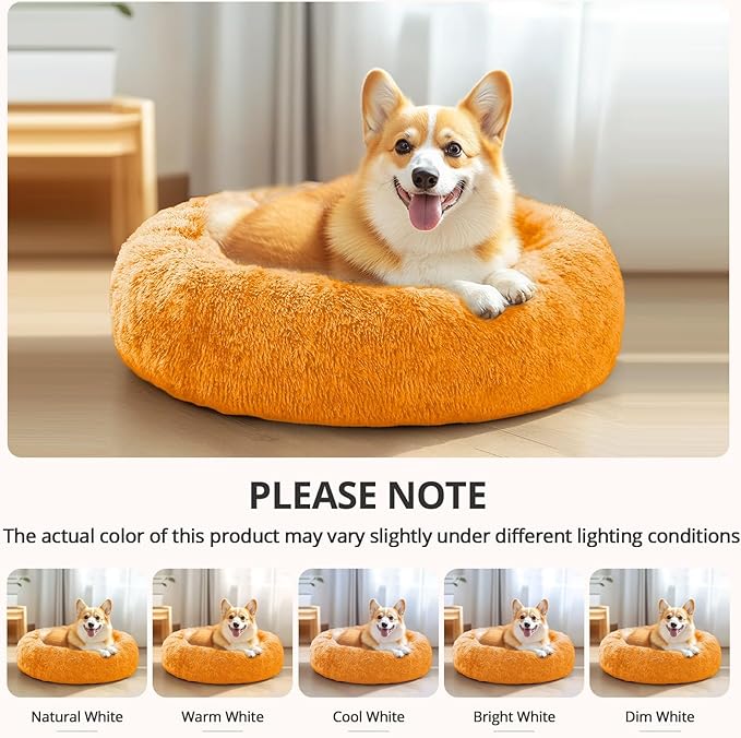 JOLLYVOGUE Calming Dog & Cat Bed for Small Dogs, Anti-Anxiety Donut Cuddler Cozy Soft Round Bed with Anti-Slip Bottom, Fluffy Faux Fur Plush Cushion Beds for Small Medium Dogs (27")