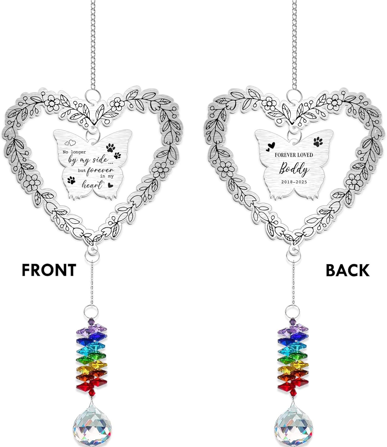 Personalized Dog Memorial Aluminum Suncatcher Ornament – No Longer by My Side but Forever in My Heart – Custom Dog Name Butterfly Pet Loss Gift, Rainbow Bridge Remembrance Decor