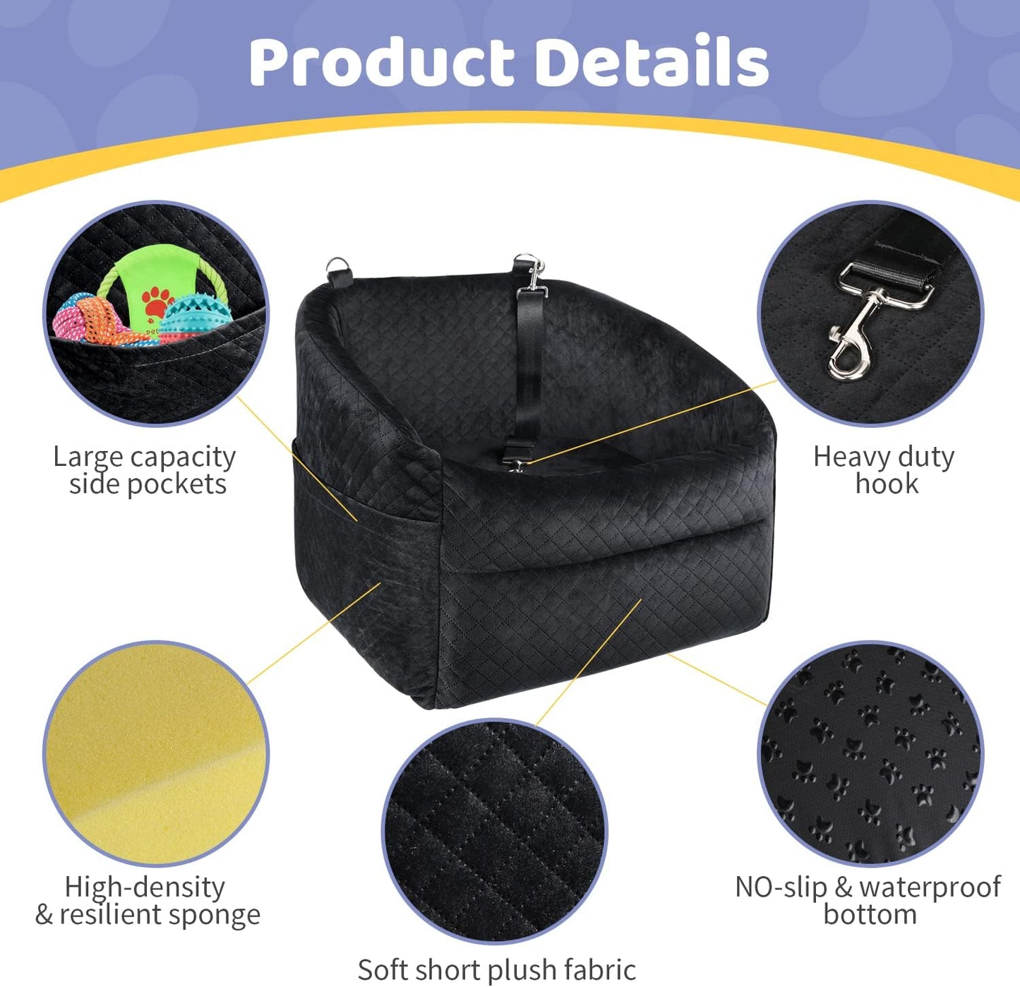 Dog Car Seat for Small/Medium Dogs, Upgrade Dog Booster Seat,Detachable and Washable Pet Car Seats with Thick Cushion Safety Leash and Storage Pockets(Black)