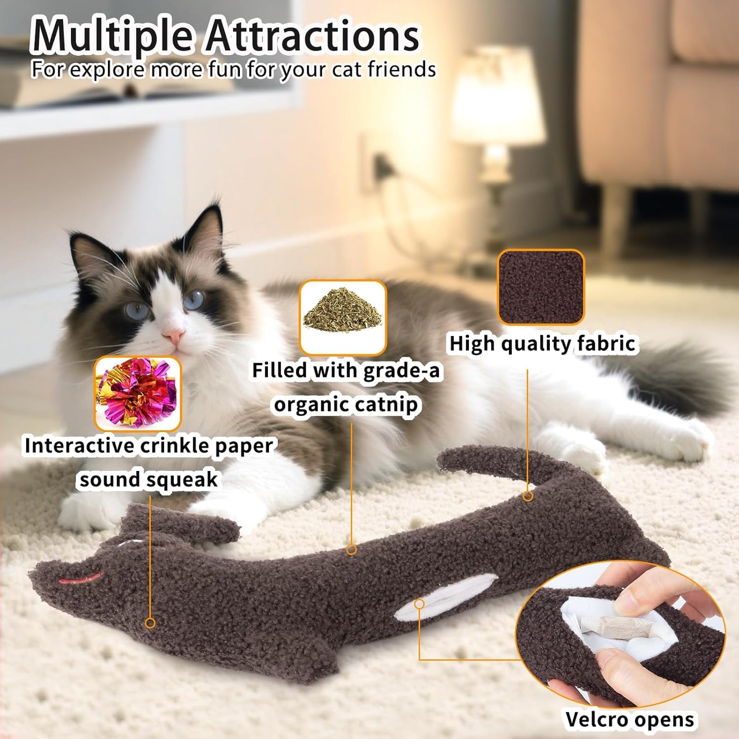 Cat Toy, Refillable Catnip Durable Kitty Kicker Toy, Puppy Shape, Plush and Crinkle Kitten Chew Toy for Kicking, Tossing, and Teeth Cleaning, Brown