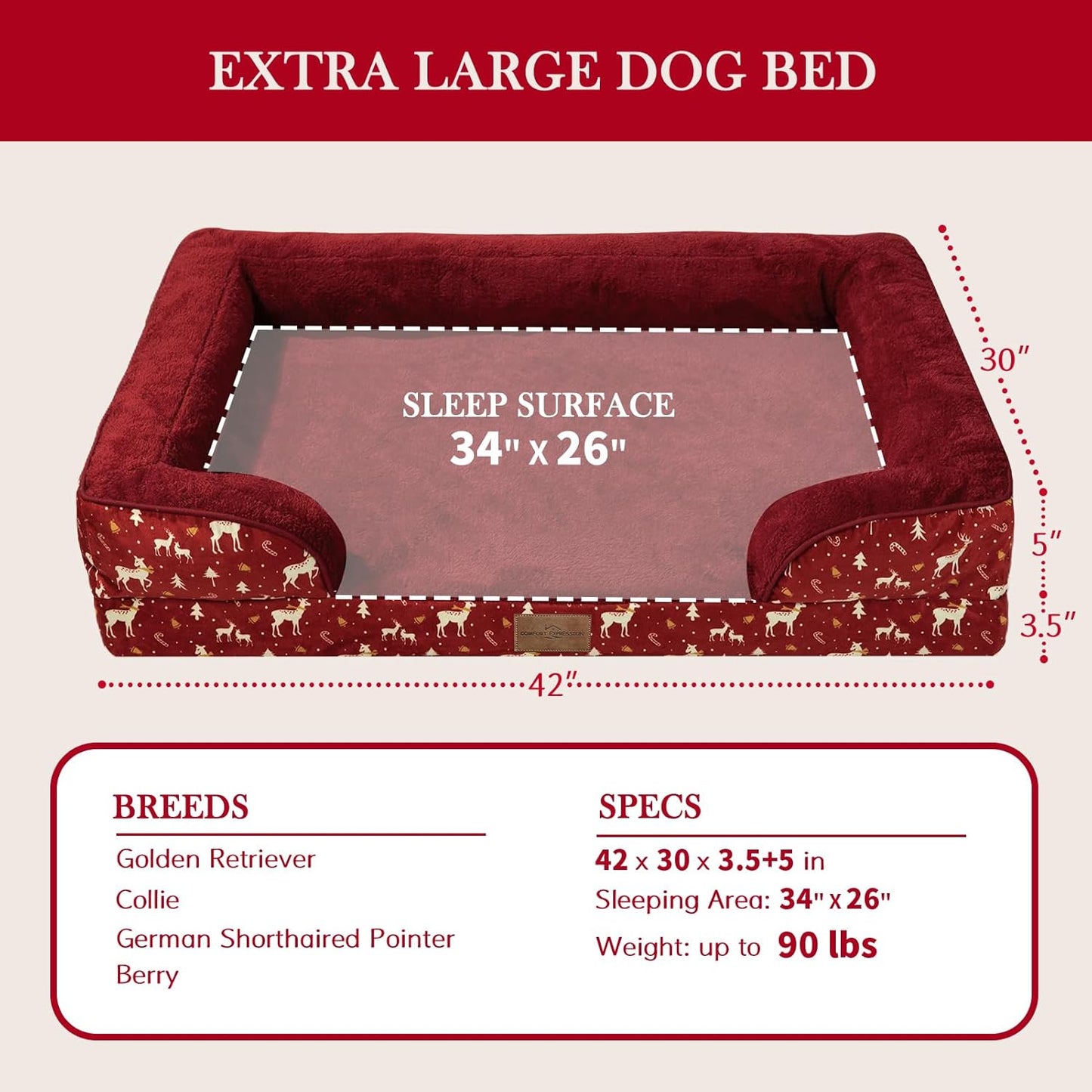 Comfort Expression Orthopedic Dog Bed for Extra Large Dogs 42x30 Inch, Waterproof Supportive Memory Foam XL Pet Bed with Removable Bolsters, Dog Couch with Washable Cover & Non-Slip Bottom, Red