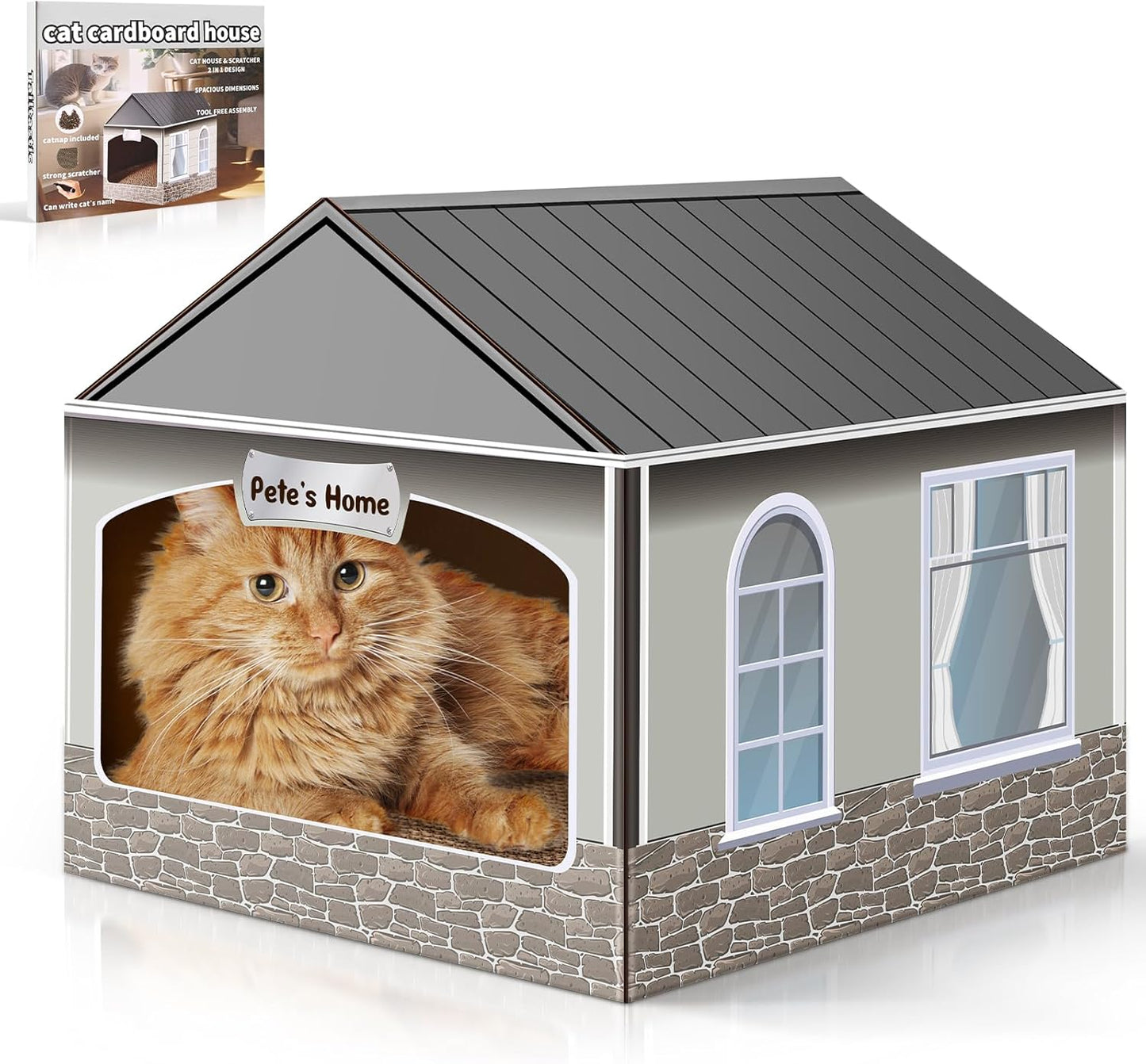 Cardboard Cat House & Scratcher with Catnip - Easy No-Tool Assembly Kitten Playhouse, 13.5x14.5x13 Inch Fun Indoor Cat Scratcher House for Small Cats
