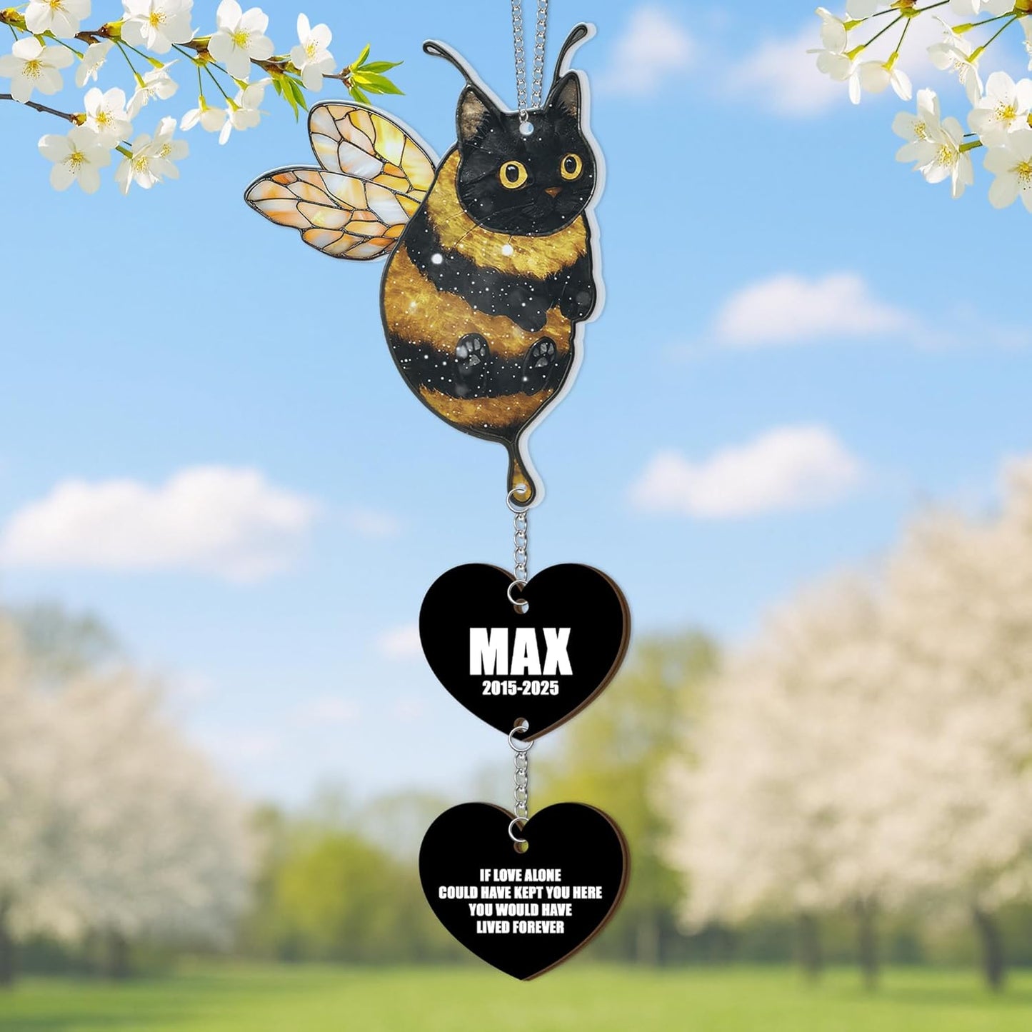Custom Black Cat Bumble Bee Acrylic Suncatcher |Cat Loss Sympathy Gift | Customized Pet Memorial Suncatcher with Charms | Custom Pet Memorial Gifts| Best Gifts for Your Beloved Cats Passed Away