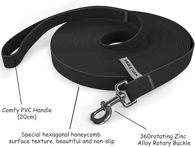 Wolfone 3m Black Heavy Duty Robust Training Dog Leash with Anti-Slip Handle，Waterproof Long Dog Leash for Outdoor Activities