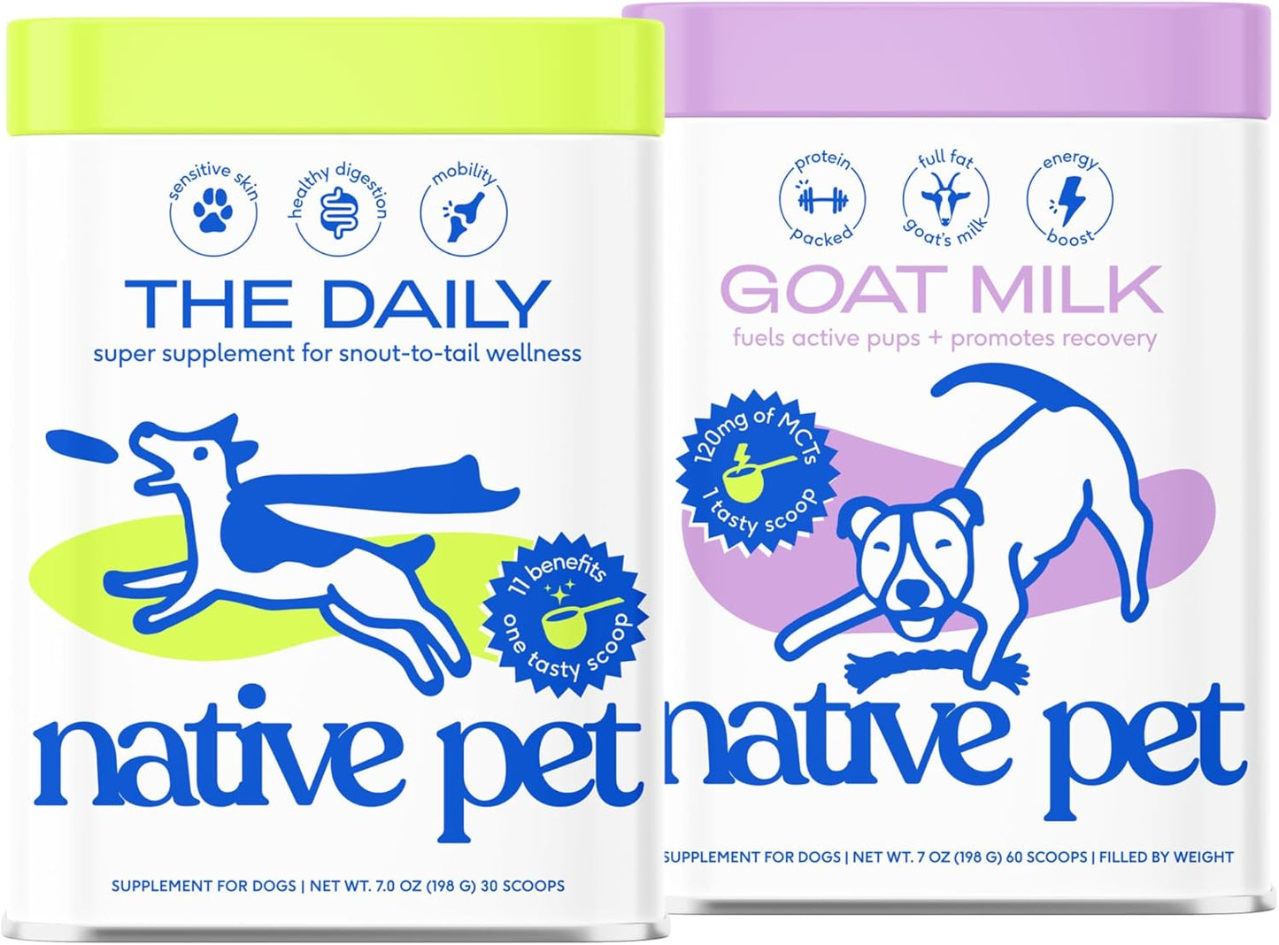 Native Pet The Daily Dog Supplement (30 Scoops) and Goat Milk Powder for Dogs and Cats (60 Scoops).- 11-in-1 Multivitamin and Food Topper to Support a Healthy Digestive System