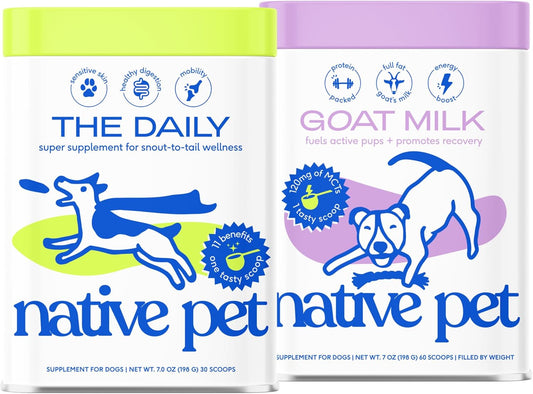 Native Pet The Daily Dog Supplement (30 Scoops) and Goat Milk Powder for Dogs and Cats (60 Scoops).- 11-in-1 Multivitamin and Food Topper to Support a Healthy Digestive System