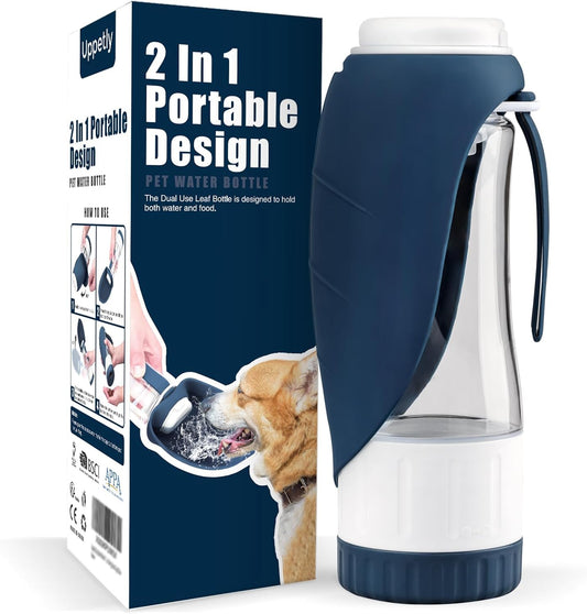 Dog Water Bottle, Pet Water Bottle with Food Container and Drinking Feeder, Leak Proof, BPA-Free, Portable Foldable Puppy Water Cup Dispenser for Outdoor Walking, Travel, Small Dark Blue