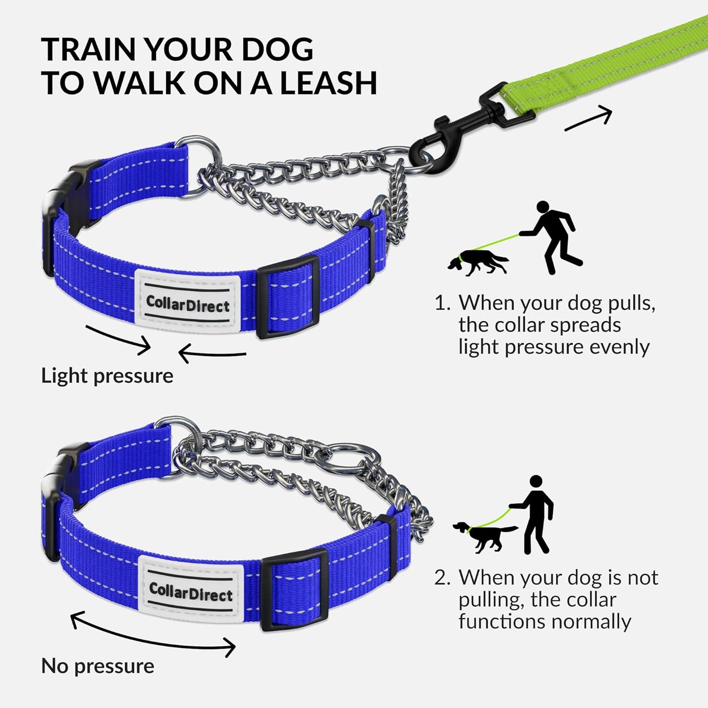 CollarDirect Martingale Dog Collar with Stainless Steel Chain and Quick Release Buckle - Reflective Collar for Large, Medium, Small Dogs - Blue, Large (Neck Size 17"-22")