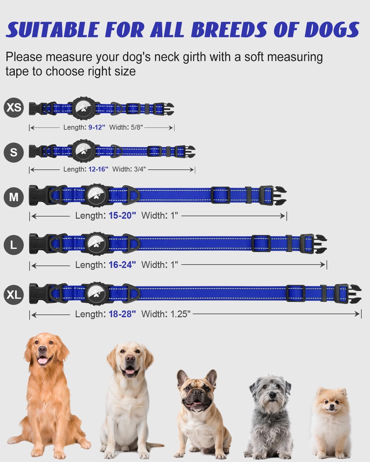 Joytale Airtag Dog Collar, Reflective Pet Collar with Waterproof AirTag Holder, Dual D-Rings, Soft Padded Adjustable for Medium Dogs, Navy Blue, M