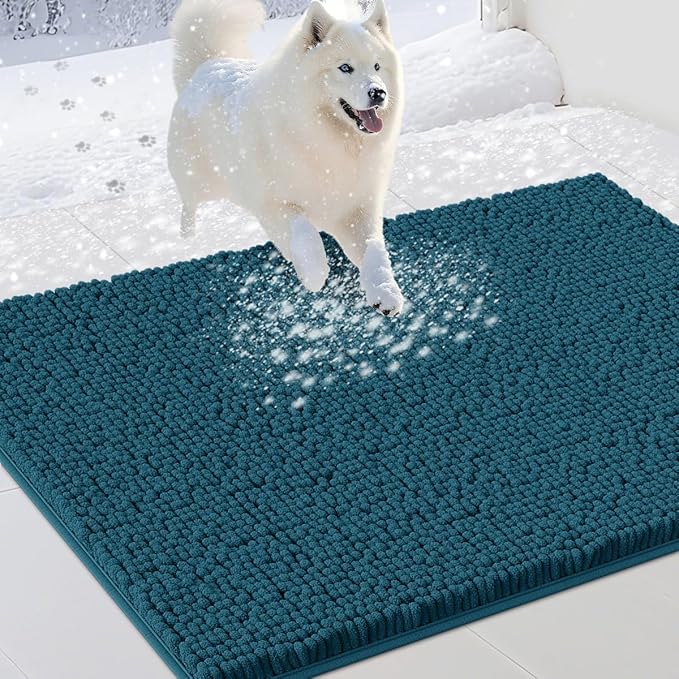 Dog Door Mats for Muddy Paws, Chenille Absorbent Door Mats, Non Slip Heavy Mud Mat for Dogs, Soft Indoor Door Mat for Entryway, Mud Paws, Inside Floor,30" X 20", Teal Blue