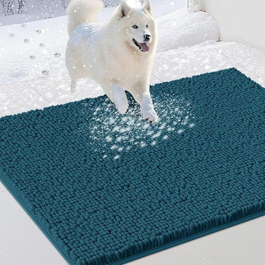 Dog Door Mats for Muddy Paws, Chenille Absorbent Door Mats, Non Slip Heavy Mud Mat for Dogs, Soft Indoor Door Mat for Entryway, Mud Paws, Inside Floor,36" X 24", Teal Blue