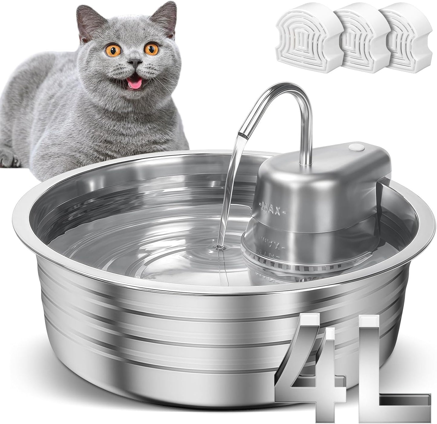 Cat Water Fountain, 4L/135OZ Stainless Steel Pet Fountain with 3 Filters & 3 Sponges Dog Water Dispenser, Dog Water Bowl Cat Drinking Fountains Watering Supplies with Ultra-Quiet Pump for Pets Indoor