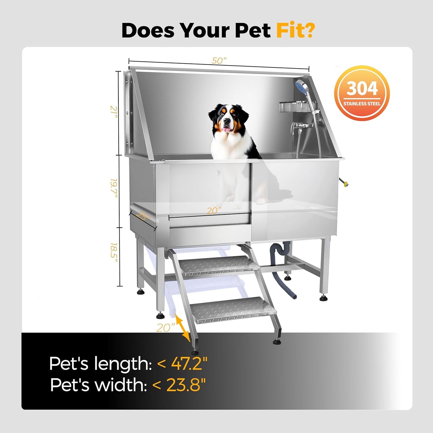 Professional Stainless Steel Dog Washing Station for Home, 50" Dog Bathtub for Large, Medium and Small Pet, Dog Grooming Tub with Anti-Slip Steps, Faucet, and Soap Box (Left Door)