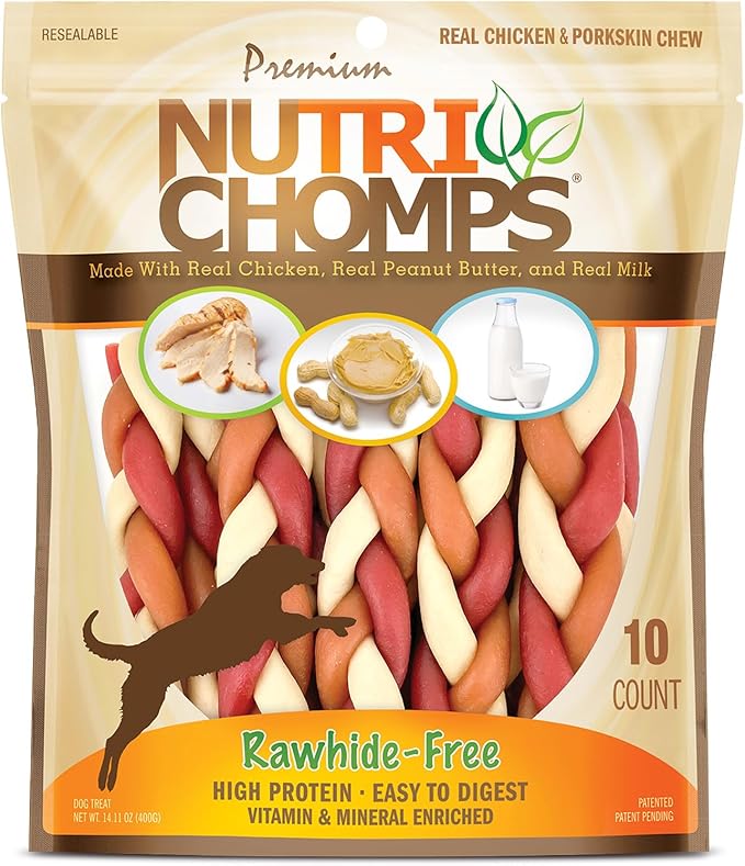 NutriChomps Dog Chews, 6-inch Braids, Easy to Digest, Rawhide-Free Dog Treats, Healthy, 10 Count, Real Chicken, Peanut Butter and Milk flavors