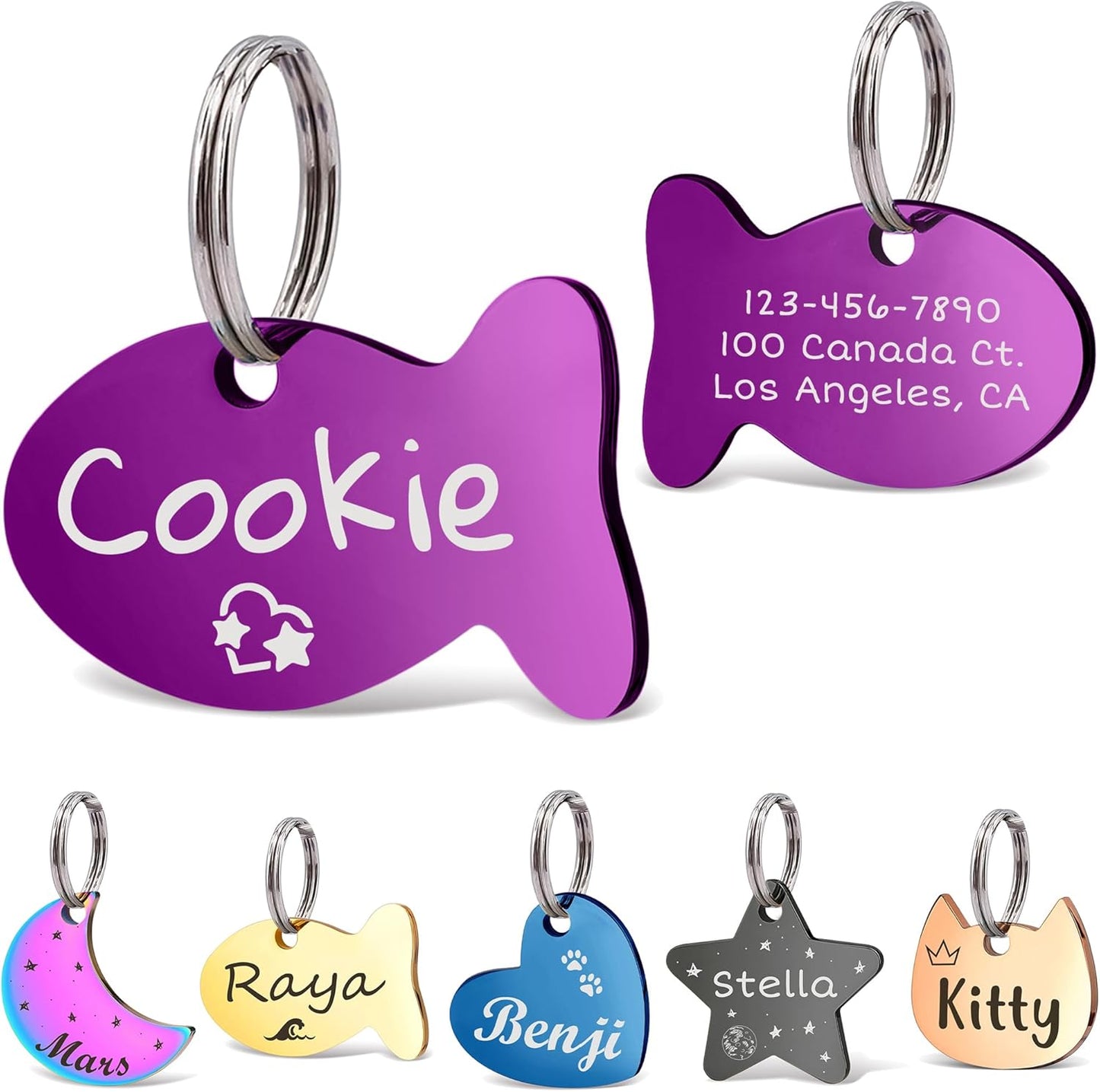Anavia Small Size Dog Cat ID Tags, Small/XS Personalized Color Plated Stainless Steel Puppy Kitten Name Tags, Customized Engraved Nameplate Pet Collar Tag (Purple, Fish)