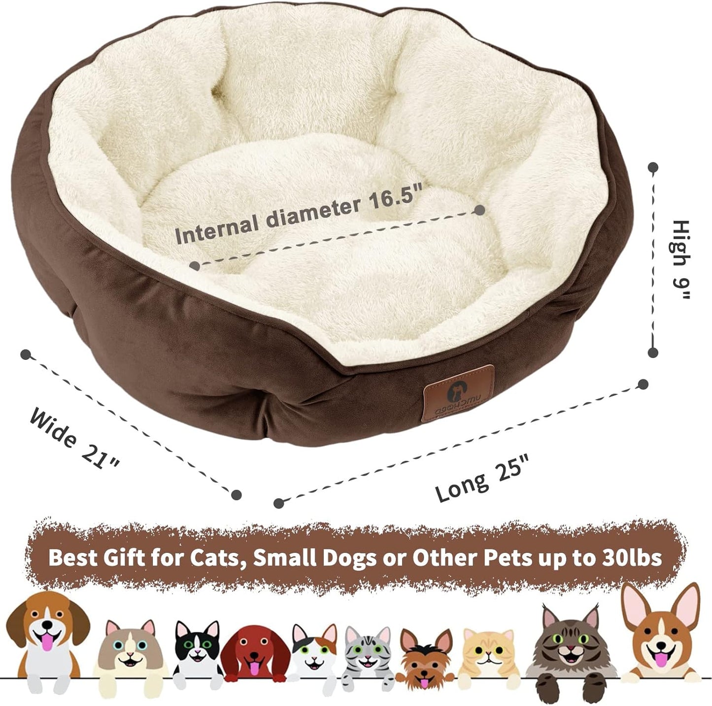 Asvin Medium Dog Bed for Medium Dogs, Cat Beds for Indoor Cats, Pet Bed for Puppy and Kitty, Extra Soft & Machine Washable with Anti-Slip & Water-Resistant Oxford Bottom, Brown, 25 inches