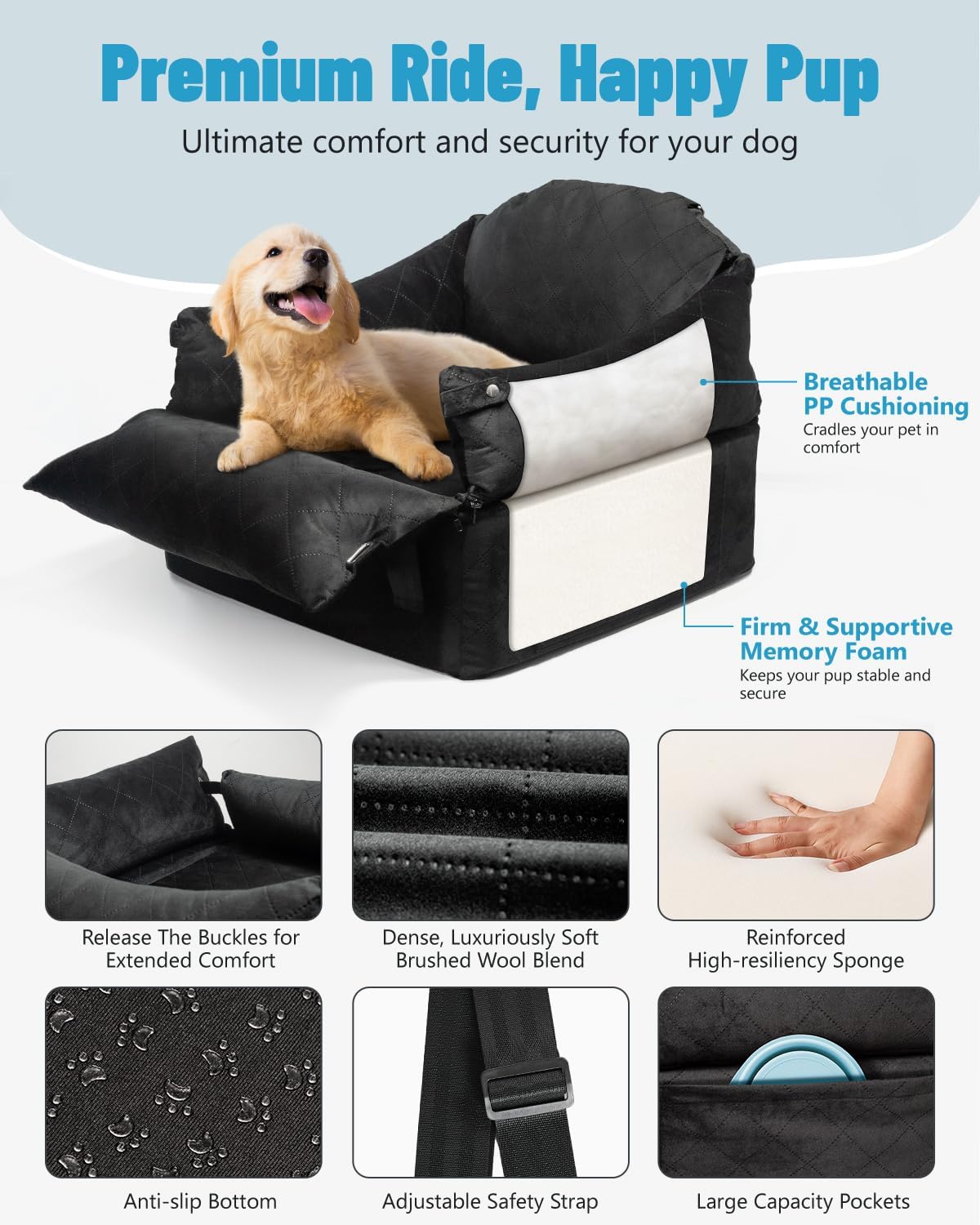 EASTBLUE Dog Car Seat for Small Medium Dogs Up to 35 lbs, Memory Foam Dog Booster Car Seat with Seatbelt, Detachable Washable Pet Carseat for Puppy & Cat, Dogs Travel Bed for Cars (Black)