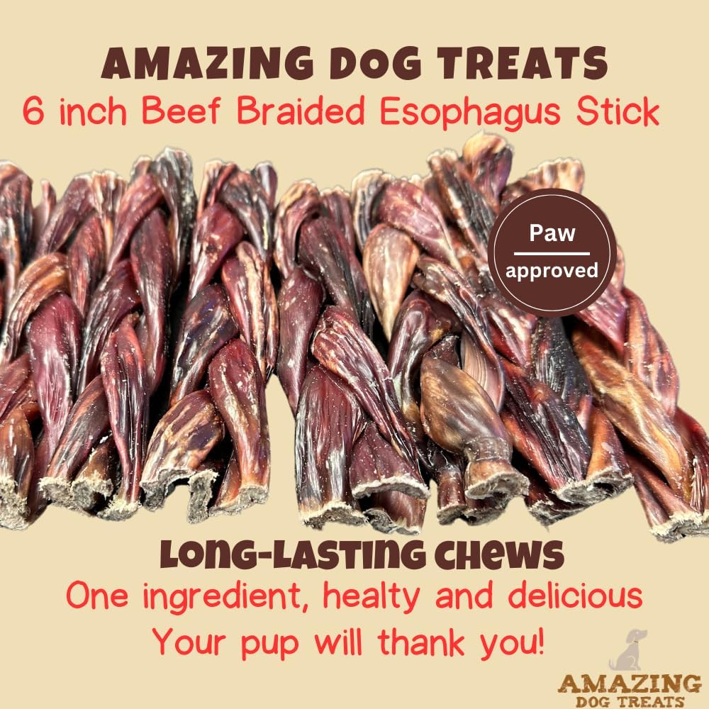 Amazing Dog Treats - 6 Inch Braided Gullet Stick (8 Pc/Pack) - Dog Jerky Treats - Beef Esophagus -Gullet for Dogs - Beef Esophagus Dog Treats
