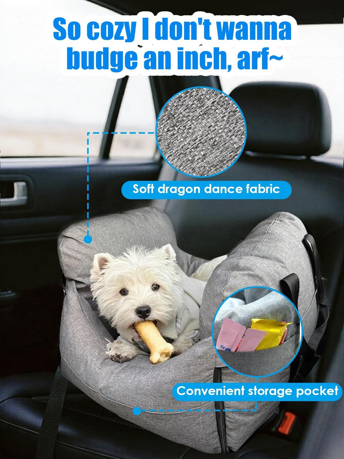 Small Dog Car Seat - Portable Booster carseat with Harness,Detachable Washable Dog Booster Seat Under 19lbs Fits Front & Rear Seats, Soft Pet Car Bed with Storage Pockets and Safety Belt for Travel.