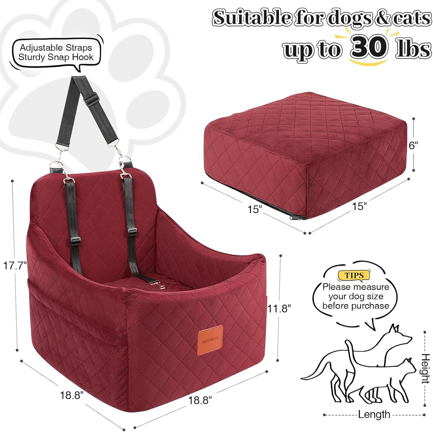 Dog Booster Car Seat for Dogs up to 35lbs, Safety Pet Car Seats with Anti-Slip Bottom, Travel Booster Dog Bed with 2 Storage Pockets (Wine Red, Medium)