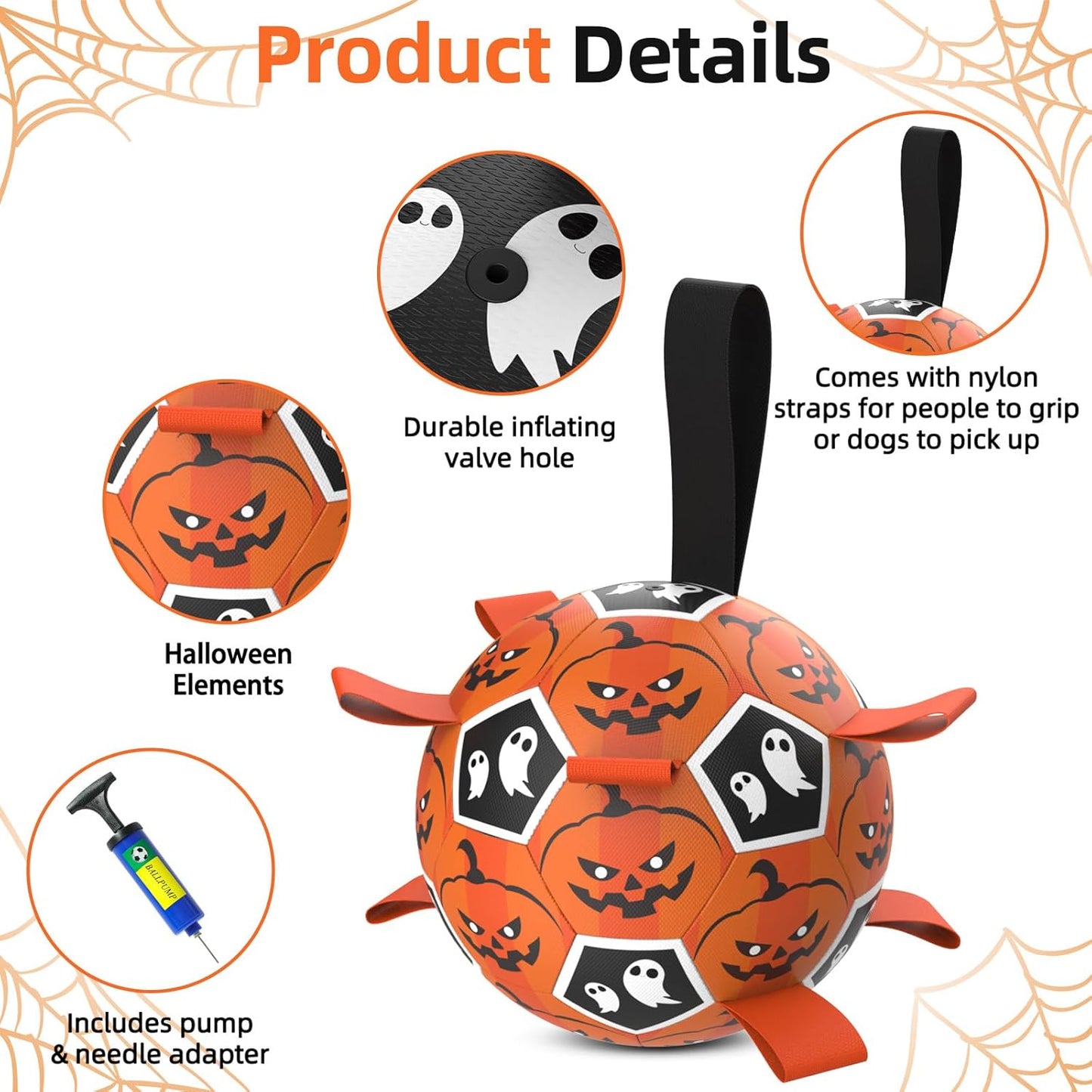 Diman Dog Soccer Ball with Straps, Halloween Dog Toys, Pet Toys Balls for Medium Large, Pet Birthday Gift, Interactive Dogs Toy for Tug of War (7 inch)