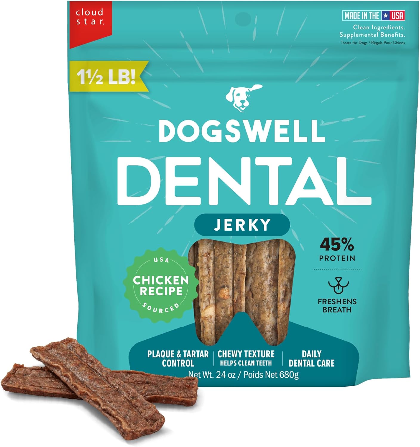 DOGSWELL Dental Jerky Dog Treats, Chicken, 24 oz. Bag