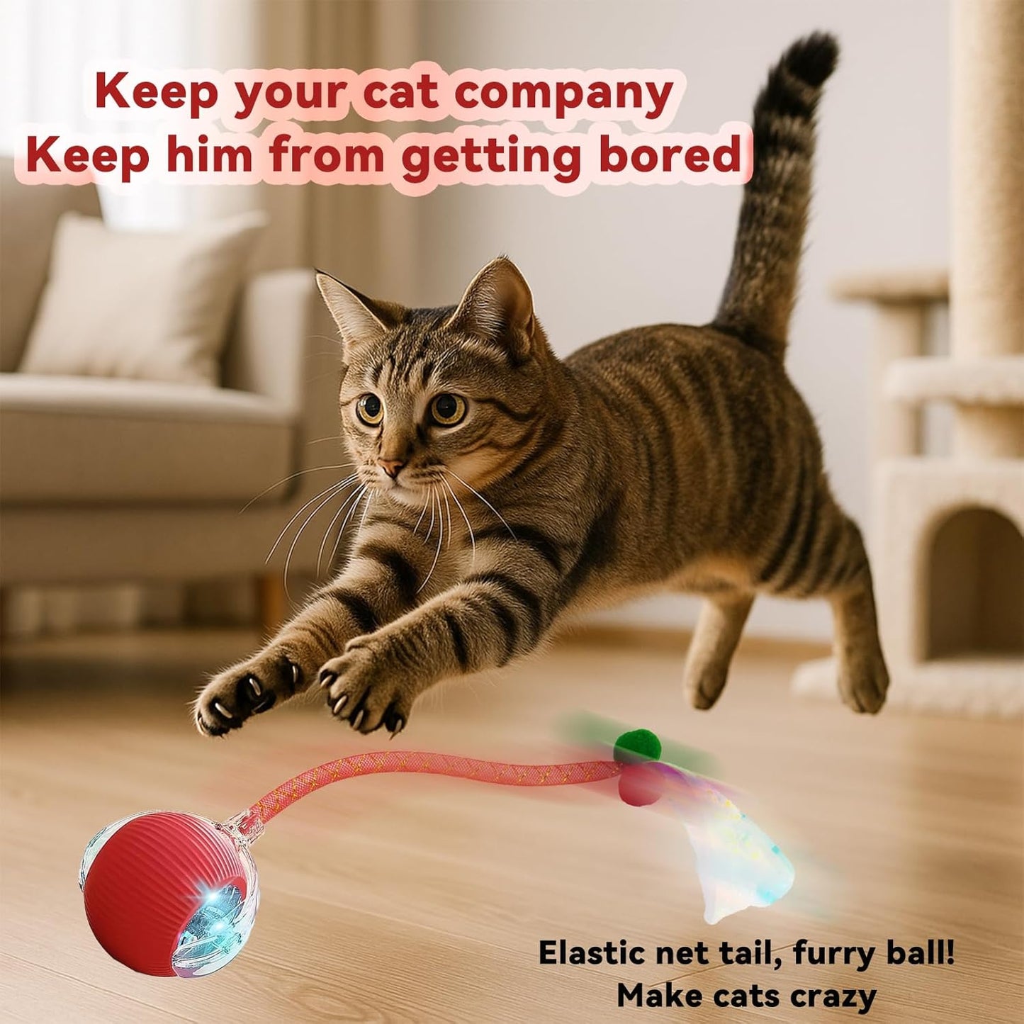 Interactive Cat Toys for Indoor Cats, Automatic Cat Toy with Elastic Mesh Tail, Electric Rolling Ball on Carpet, Chirping and Motion Activate Cat (Pink)