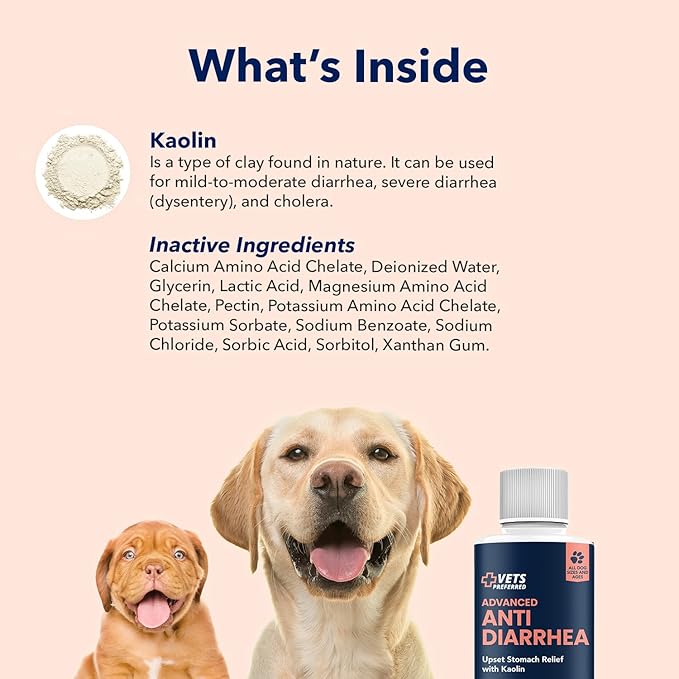 Vets Preferred Anti Diarrhea Liquid for Dogs - Dog Diarrhea Relief with Kaolin (8 oz.) | Once Every 12 Hours for Dog Diarrhea & Dog Gas Relief
