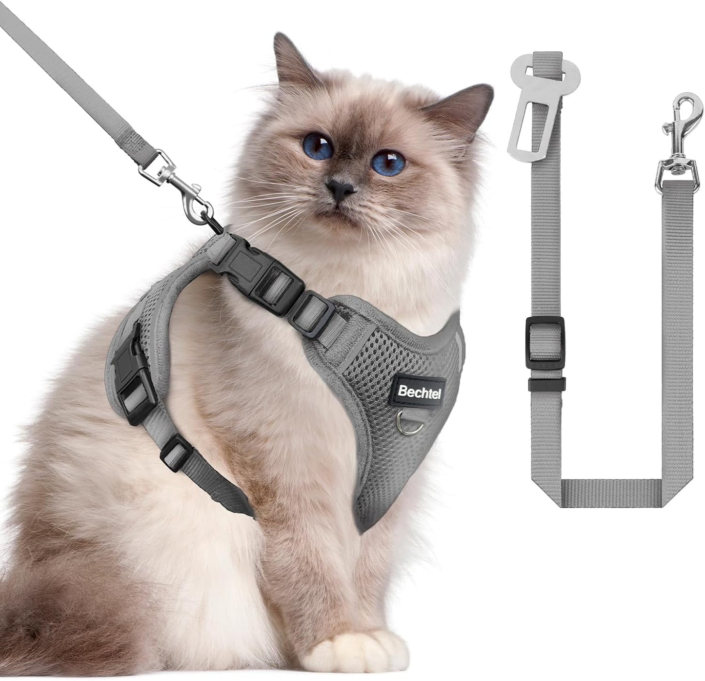 Cat Harness and Leash Set for Walking Escape Proof, Adjustable Soft Kittens Vest with Reflective Strip for Cats, Comfortable Outdoor Vest, Cat Car Leash, Grey, M