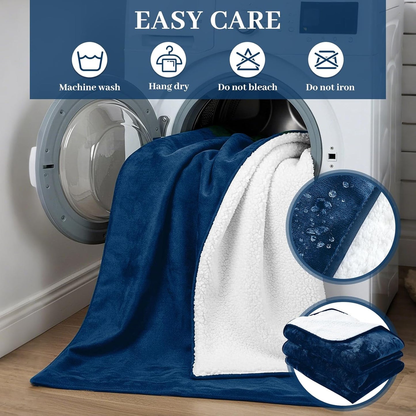 Love Navy Blue Waterproof Bed Blanket, Queen Size 80'' x 80'' Double Side Leakproof Reversible Sherpa Flannel Fleece 3 Layer Lightweight Blanket, Absorbs 70oz