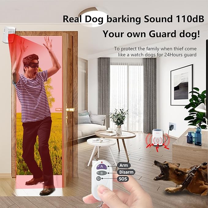 Barking Dog Alarm Motion Detector,Pir Human Body Sensor Alarm Electronic Burglar Deterrent Loud Siren,with Remote & USB,Say Goodbye to Unwanted Intruders
