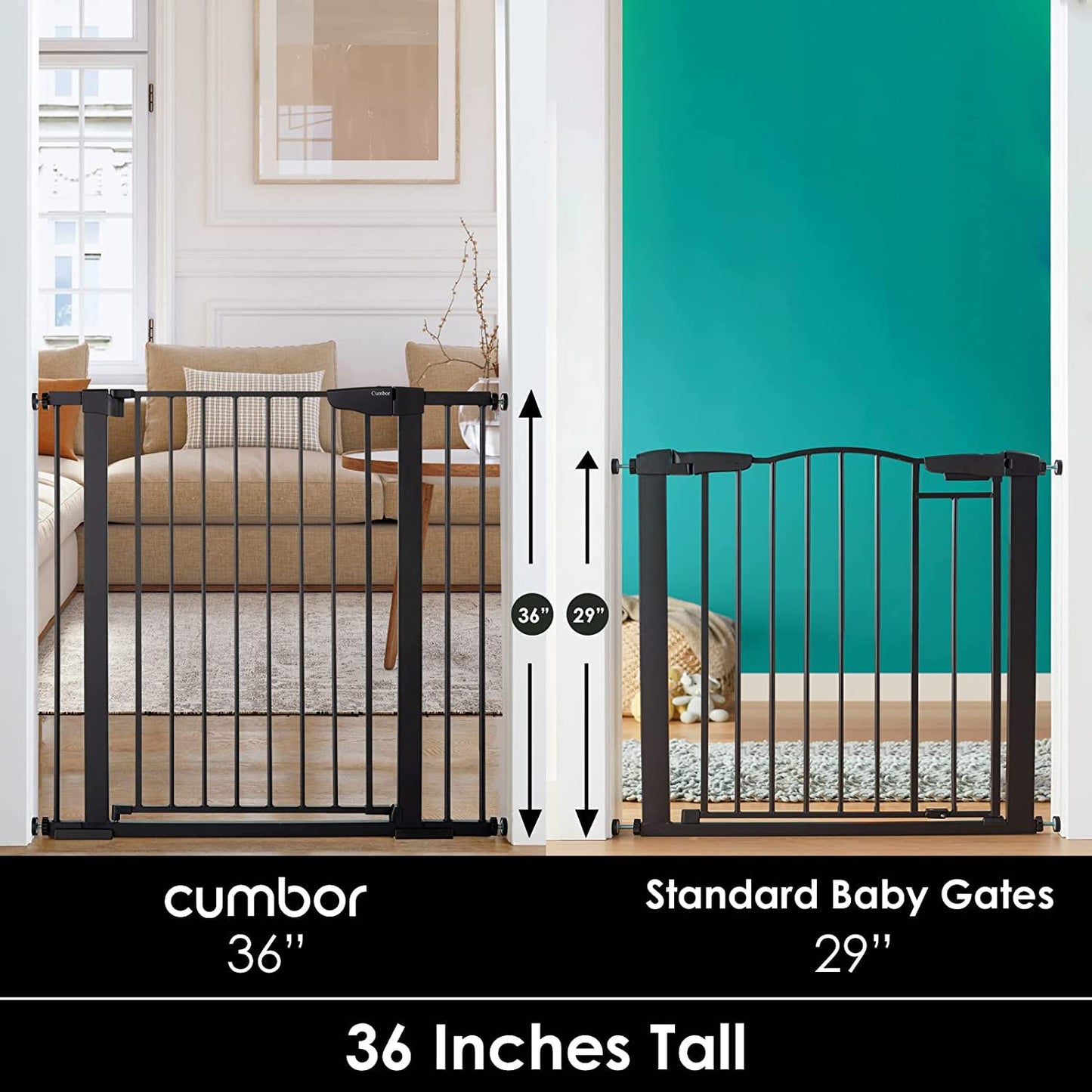 Cumbor 36" Extra Tall Baby Gate for Stairs, 29.7-40.6" Wide Dog Gate for Doorways, Pressure Mounted Auto-Close Pets Gates for Dogs Indoor, Durable Safety Child Gate, Mom's Choice Awards Winner, Black