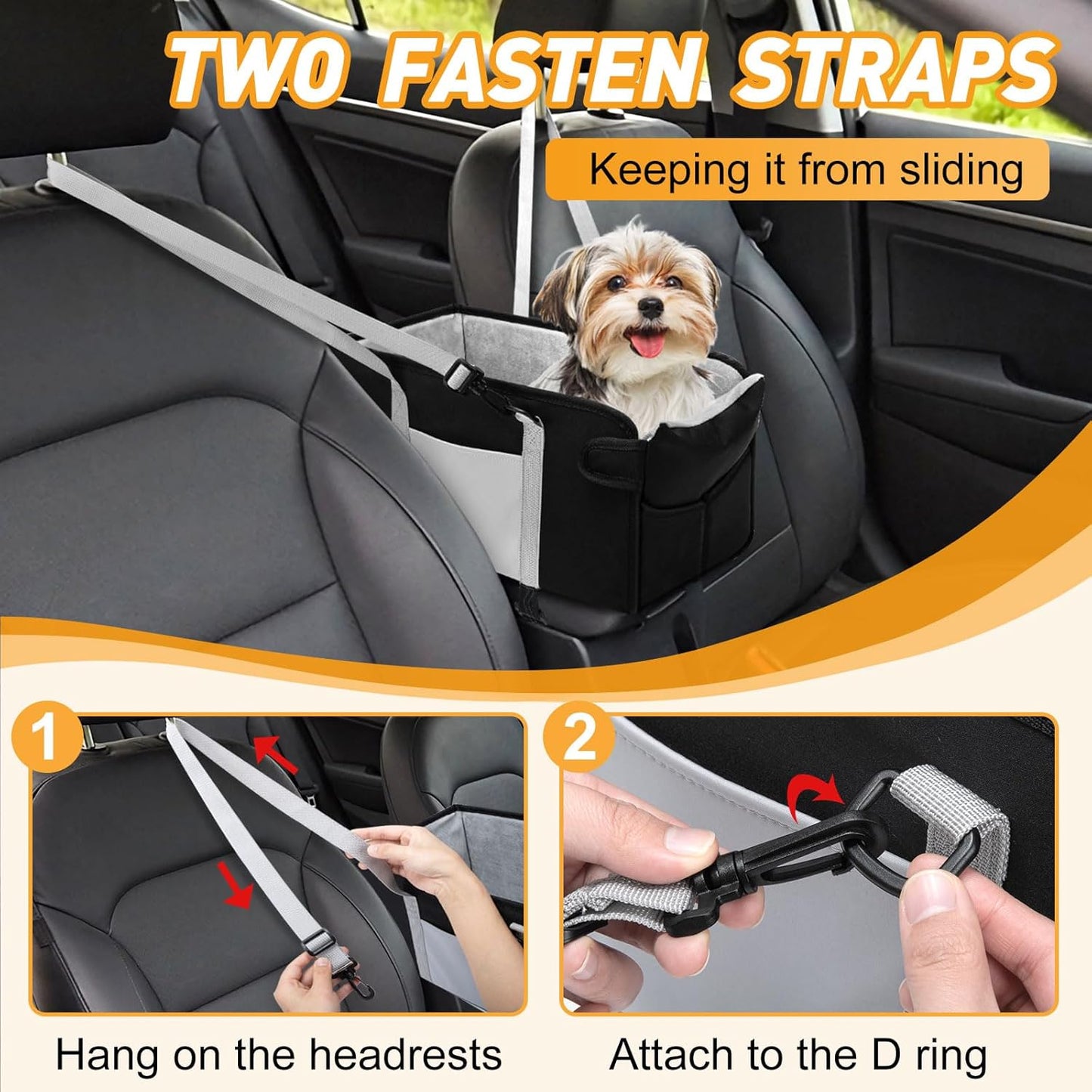 Portable Dog Car Seat for Small Dogs - Pet Booster Seat with Safety Leash, Adjustable Straps, Washable Cushion & Storage Pocket - Center Console Puppy Car Seat for Travel - Black