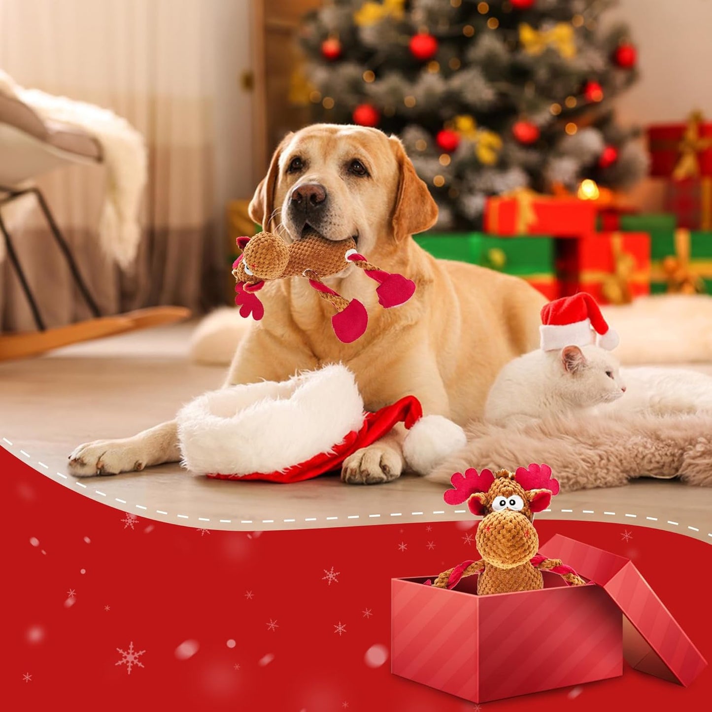 Christmas Squeaky Dog Toys, Stuffed Large Dog Toys to Keep Them Busy, Interactive Plush Chew Toys with Crinkle Paper, Tough Pet Animal Toys for Small Medium Large Dogs (Red Elk)