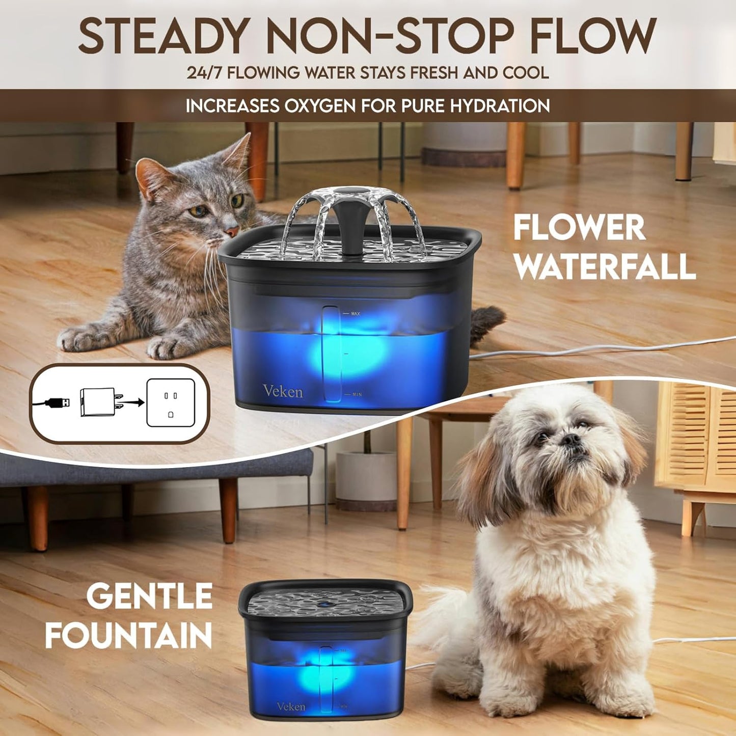 Veken Innovation Award Winner 95oz/2.8L Pet Fountain, Automatic Cat Water Fountain Dog Water Dispenser with Replacement Filters for Cats, Dogs, Multiple Pets (Space Black, Plastic)