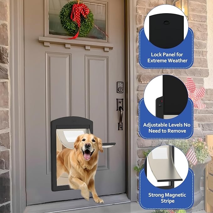 [Classicmacher] Dog Door for Large Dogs, Black Frame Door for L arge Dogs, Strong Plastic Doggy Door and L arge Pets with Sliding Lock Panel and Magnetic Soft Flap (Large, Mattle Black)