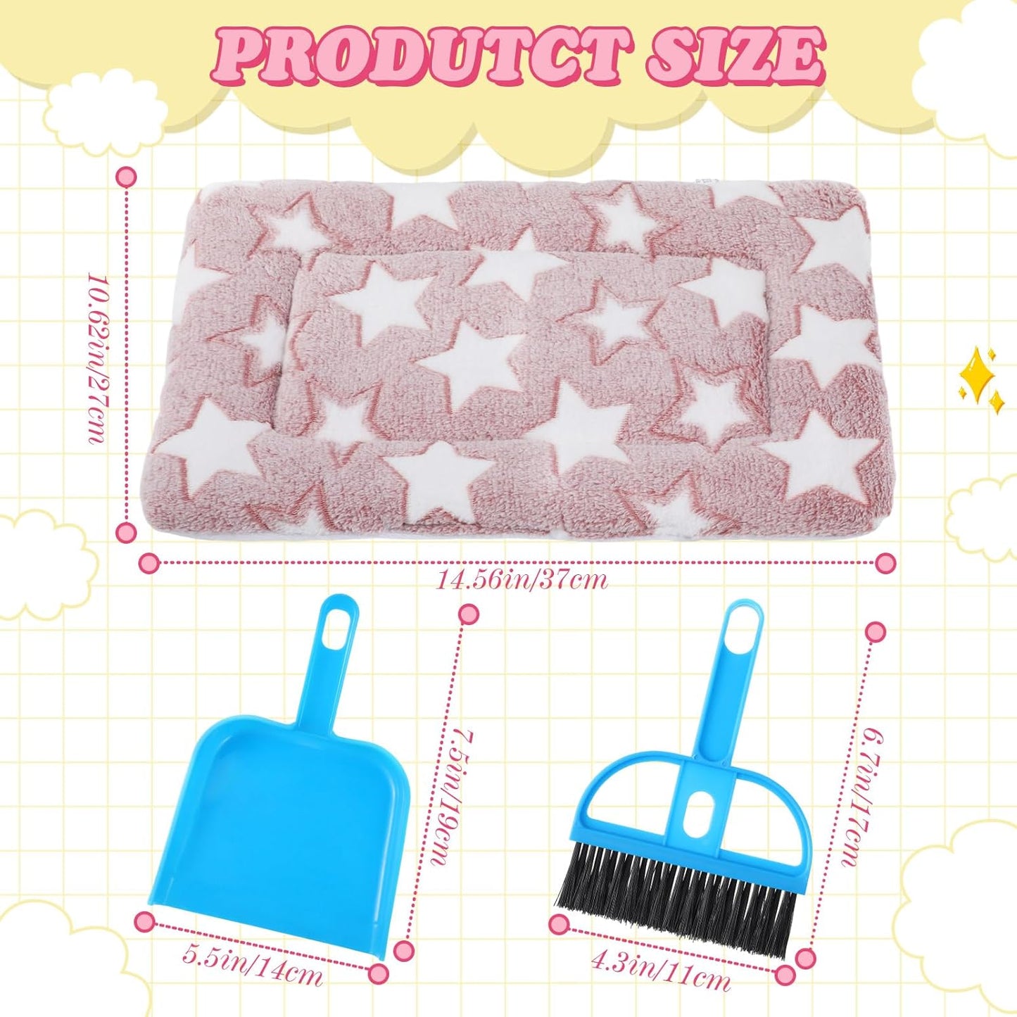 Tudomro 10 Pcs Guinea Pig Bed Mat with Cleaning Dustpan Brush 15" x 11" Animal Bedding Fleece Bunny Sleeping Pad for Small Dogs Cats Rats Hedgehogs Ferrets Hamster Indoor(Heart Bear)