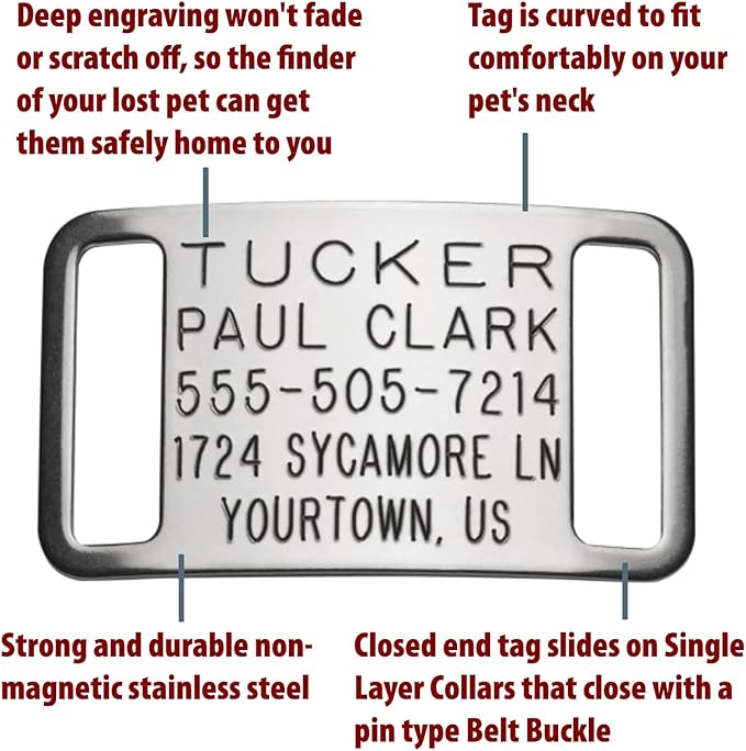 Personalized Dog Tags - Boomerang Tags, Engraved Silent Custom Slide-on Stainless Steel, Dog ID Tags Personalized (Closed End Small for 5/8 Inch Wide Nylon Collars with Belt Buckle)