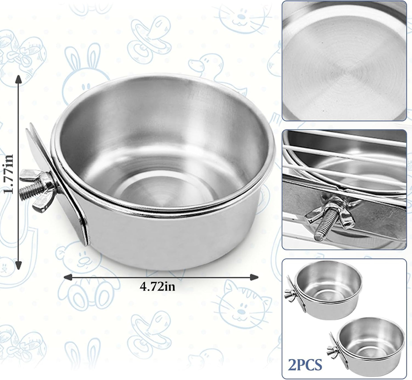 PINVNBY 2PCS Parrot Feeding Cups Birds Food Dish Stainless Steel Parrot Feeders Water Cage Bowls with Clamp Holder for Cockatiel Conure Parakeet Parrot Macaw Small Animal (Size: M)