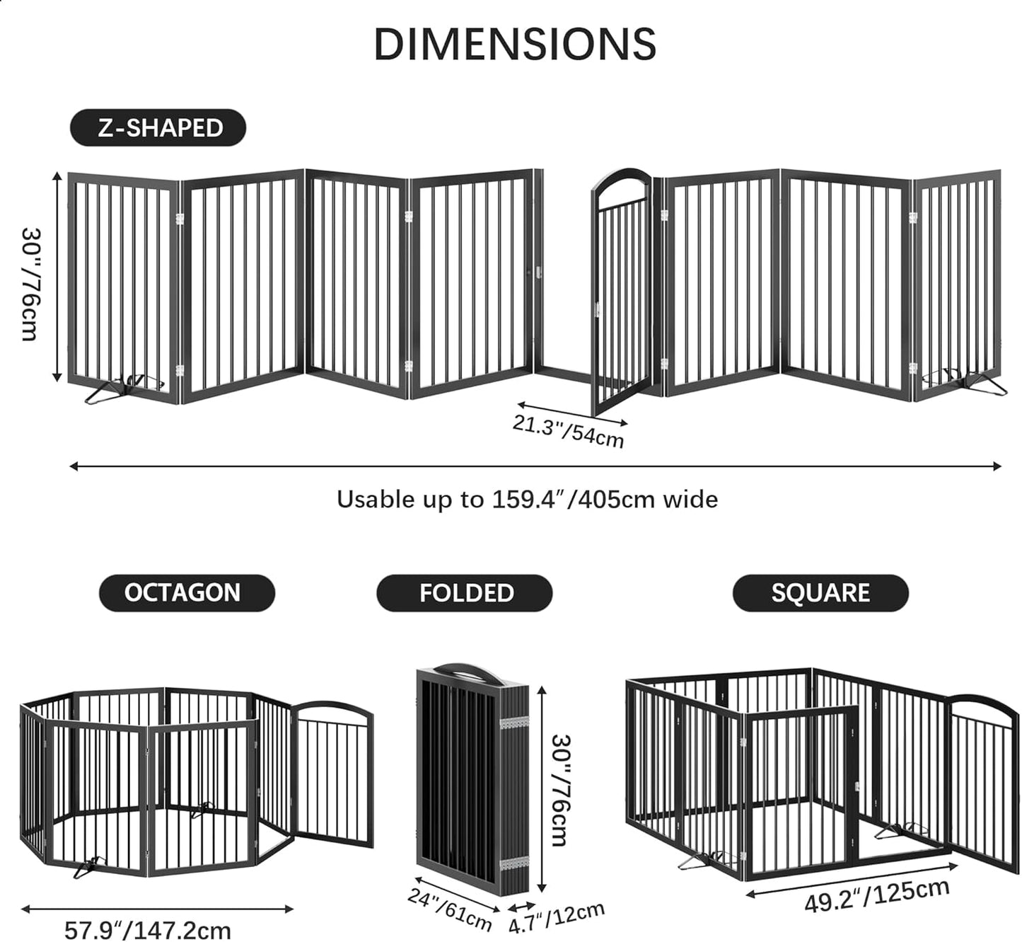 JSB 192-inch Extra Wide 30-inch Tall Dog gate with Door Walk Through,Full Matel Freestanding Round Tube Pet Gate for Halls Stairs, Puppy Safety Dog Fence with 4PCS Support Feet (Black)