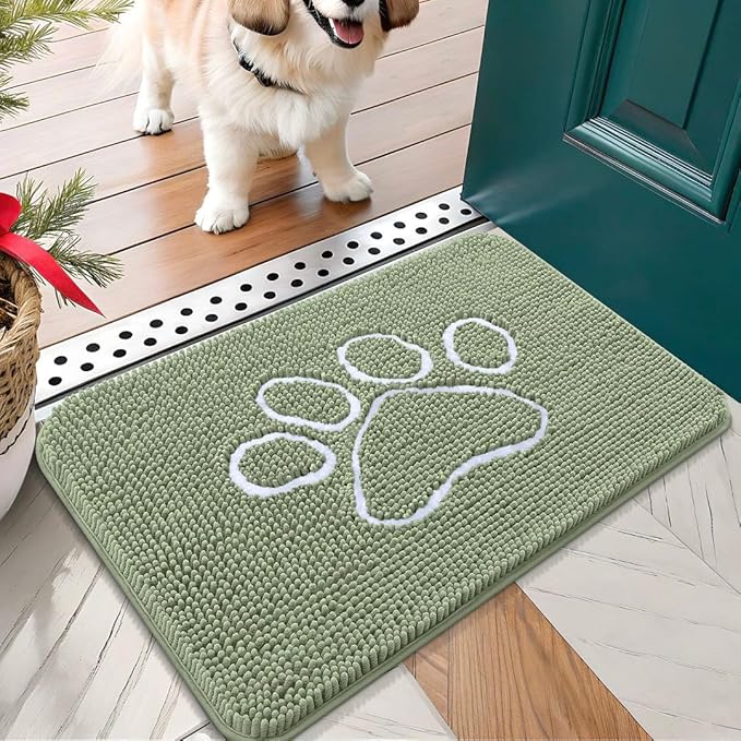 OLANLY Door Mat for Muddy Dog Paws 24x16, Ultra Absorbent Chenille Mud Doormat with Paw Print Design, Non-Slip Washable Doormat for Indoor Entryway, Quick-Dry Pet Bed Mats for Dirty Dogs, Sage Green