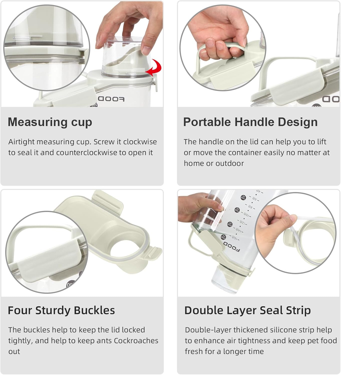Dog Food Storage Container, Upgraded Large Nozzle BPA-free, 3-5 LBS Plastic Pet Food Storage Containers, With 4 Sealed Clasps, 1 Measuring Cup and Handle (Beige)