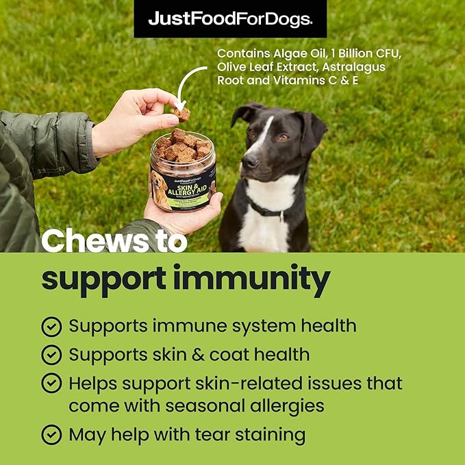 JustFoodForDogs Skin & Allergy Care Soft Chews Supplement for Dogs, Seasonal Allergies, Itchy Skin Relief, Inflammation, Immune Support - 45 Count