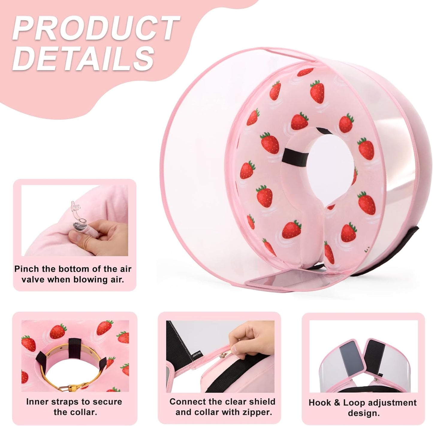 Inflatable Dog Cone Collar for Large Medium Small Dogs, Soft Dog Donut Collar Adjustable Recovery Cone for Pets After Surgery, Extra Enhanced Anti-Licking Guard Shield (Strawberry Print, X-Large)