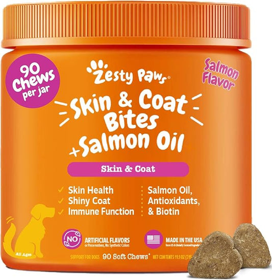Zesty Paws Salmon Oil for Dogs Skin and Coat, Omega 3 Fish Oil Chews, Dog Allergy Relief Chews, Itch Relief Supplement, 90 Count, Salmon Flavor