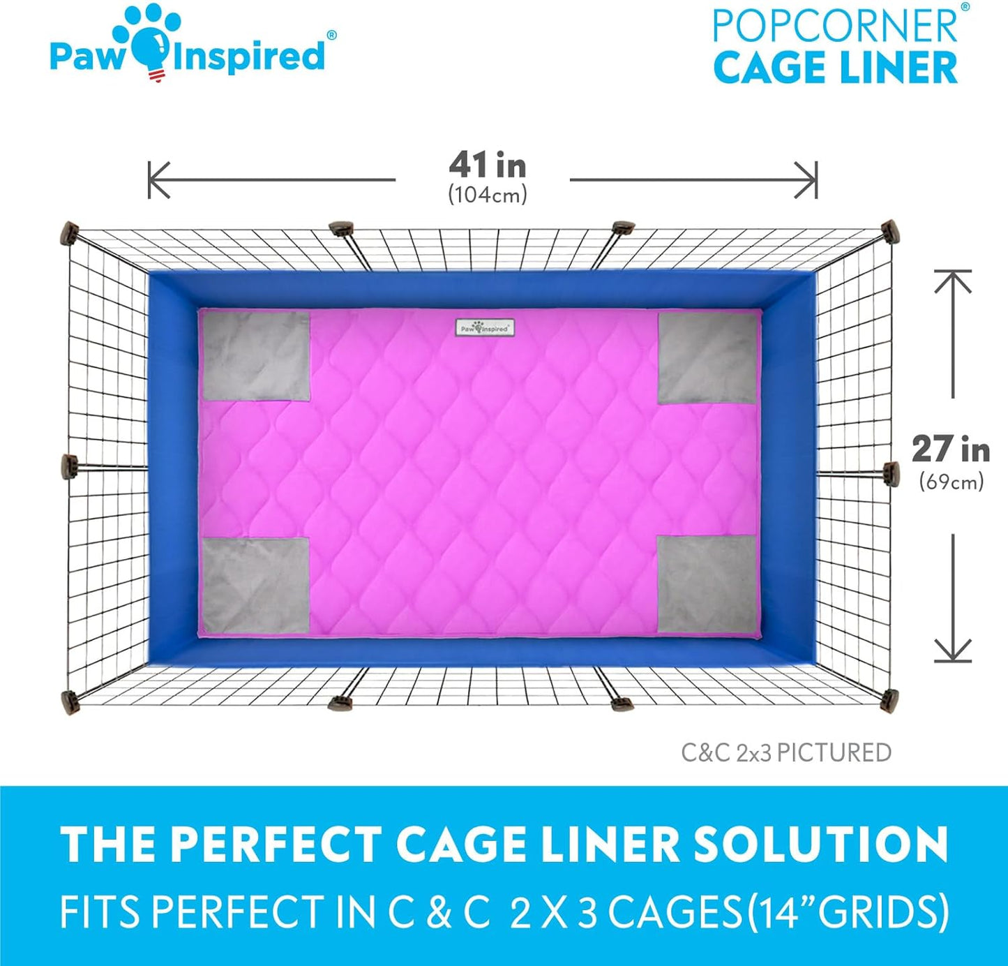 Paw Inspired PopCorner Guinea Pig Cage Liners | Washable Fleece Bedding or Pet Bed Mat for Small Animals | Super Absorbent Pee Pad with Reinforced Corners and Waterproof Bottom (C&C 2x3, Pink)