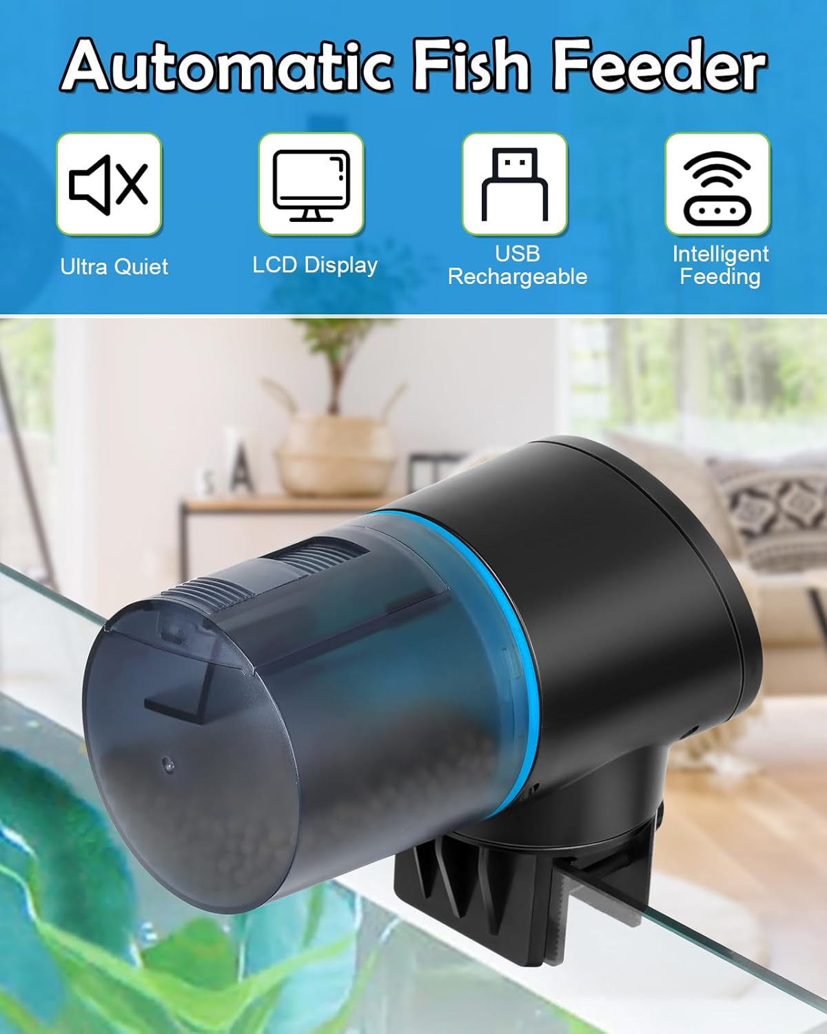 Automatic Fish Feeder for Aquarium - Rechargeable Fish Food Auto Dispenser Vacation Turtle Feeder with USB Charger Cable，LCD Screen, Customized Schedule (Blue)